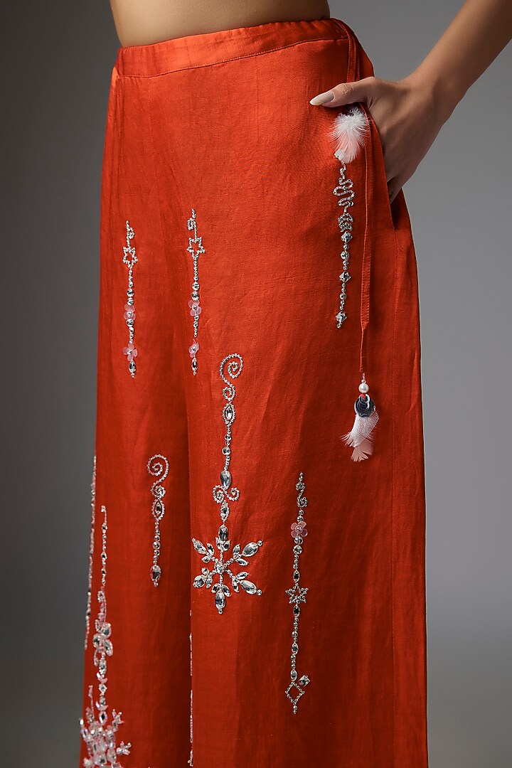 Red Blended Satin Trousers by Dilnaz Karbhary at Pernia's Pop Up Shop