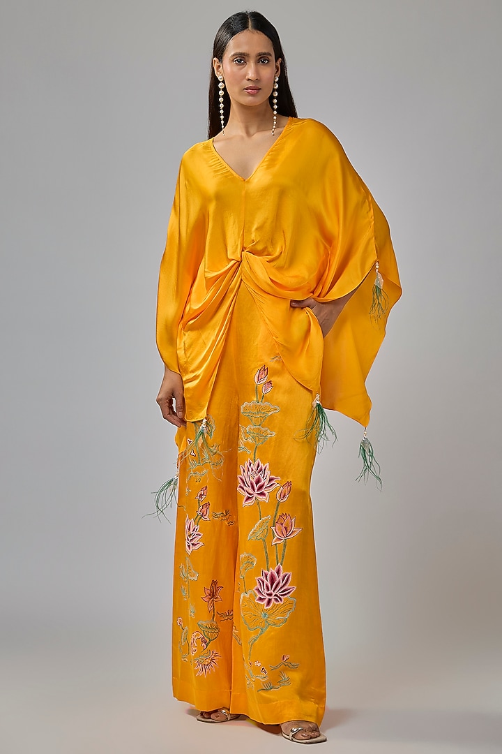 Chrome Yellow Blended Satin Kaftan by Dilnaz Karbhary at Pernia's Pop Up Shop