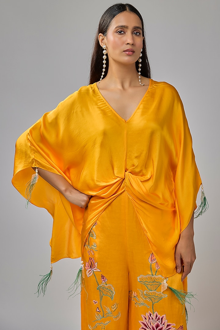 Chrome Yellow Blended Satin Kaftan by Dilnaz Karbhary at Pernia's Pop Up Shop