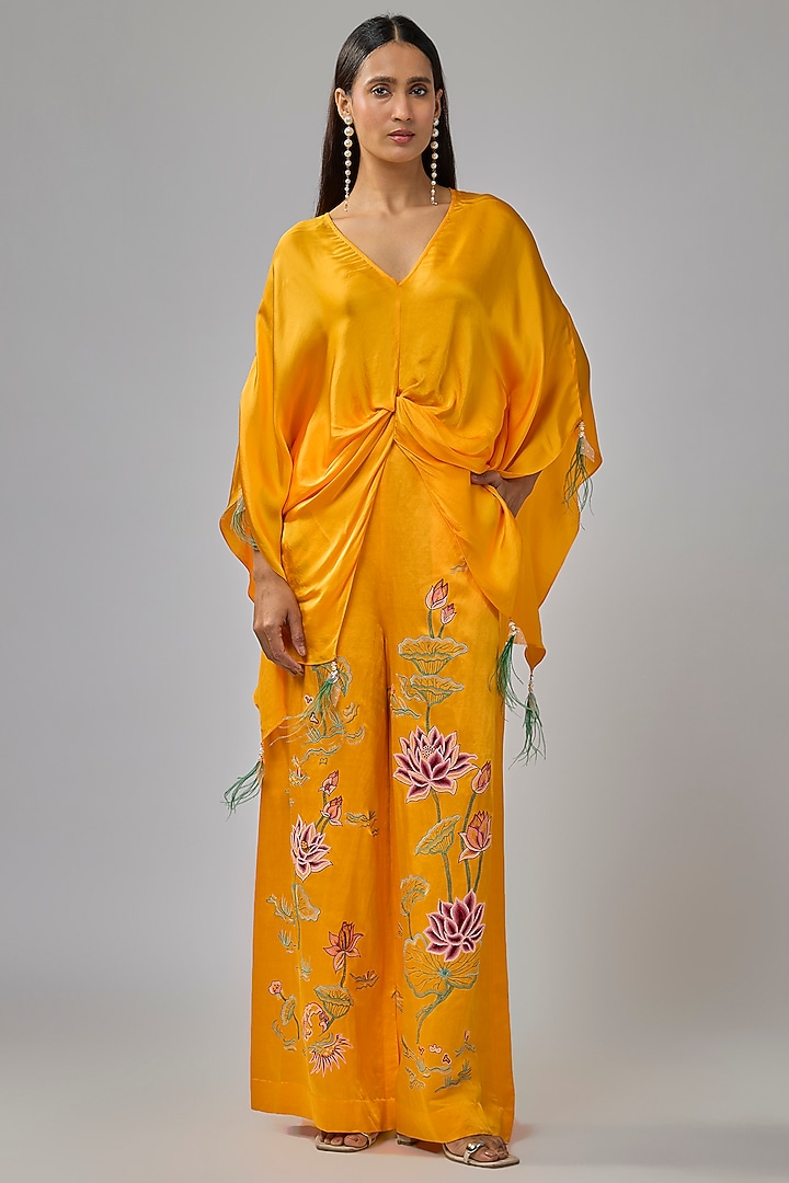 Chrome Yellow Blended Satin Trousers by Dilnaz Karbhary at Pernia's Pop Up Shop