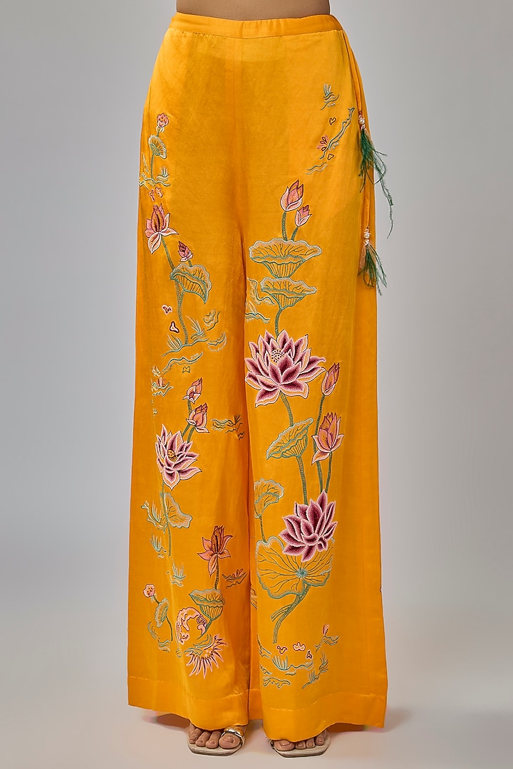 Chrome Yellow Blended Satin Trousers by Dilnaz Karbhary at Pernia's Pop Up Shop