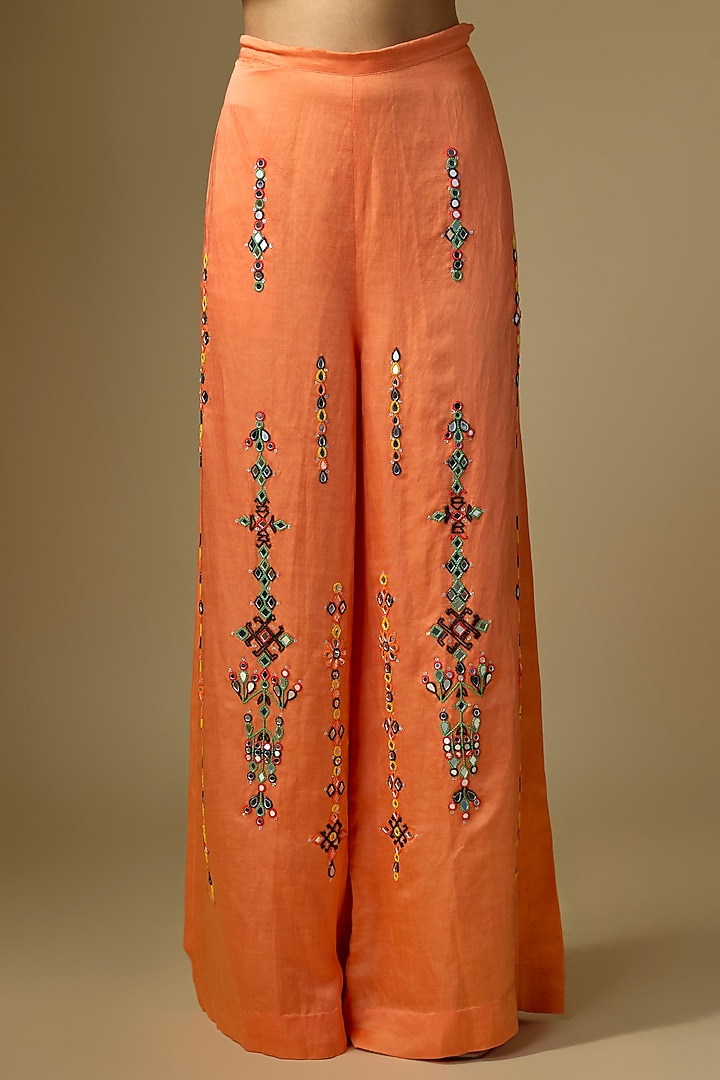Saffron Blended Linen Trousers by Dilnaz Karbhary at Pernia's Pop Up Shop