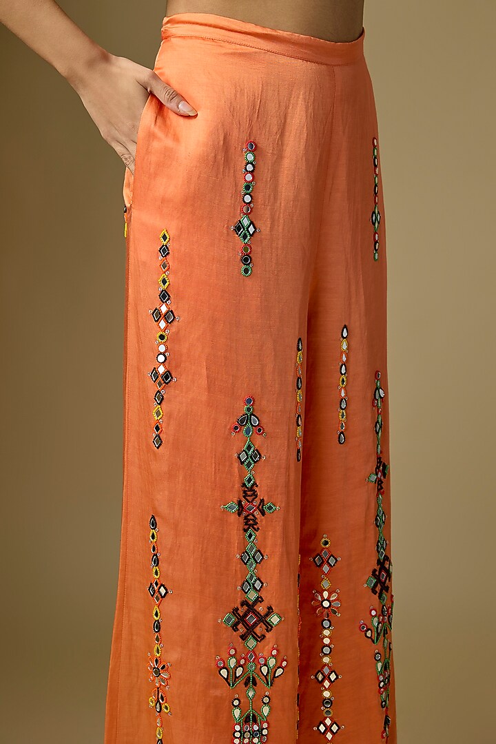 Saffron Blended Linen Trousers by Dilnaz Karbhary at Pernia's Pop Up Shop