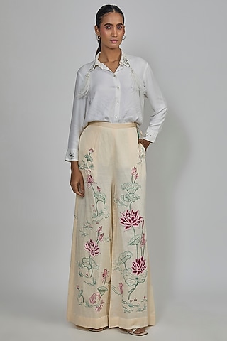Melon-Colored Blended Linen Trousers by Dilnaz Karbhary