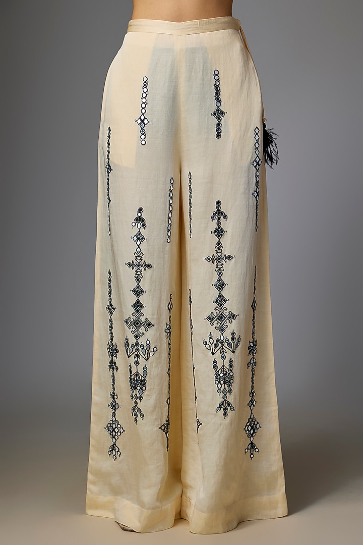 Melo-Colored Blended Linen Cutdana Embroidered Trousers by Dilnaz Karbhary at Pernia's Pop Up Shop
