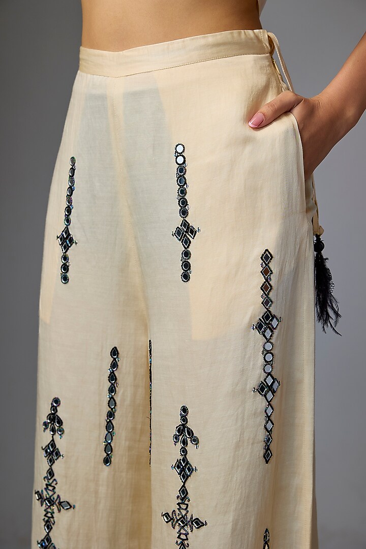 Melo-Colored Blended Linen Cutdana Embroidered Trousers by Dilnaz Karbhary at Pernia's Pop Up Shop