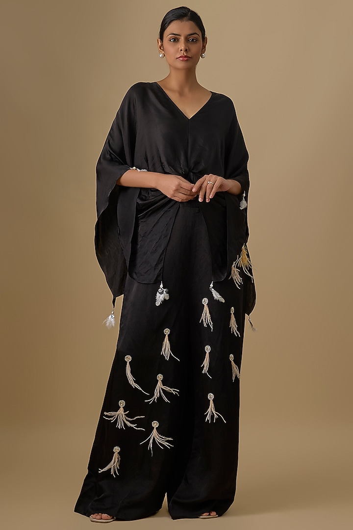 Black Blended Satin Trousers by Dilnaz Karbhary at Pernia's Pop Up Shop