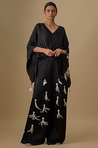 Black Blended Satin Trousers by Dilnaz Karbhary