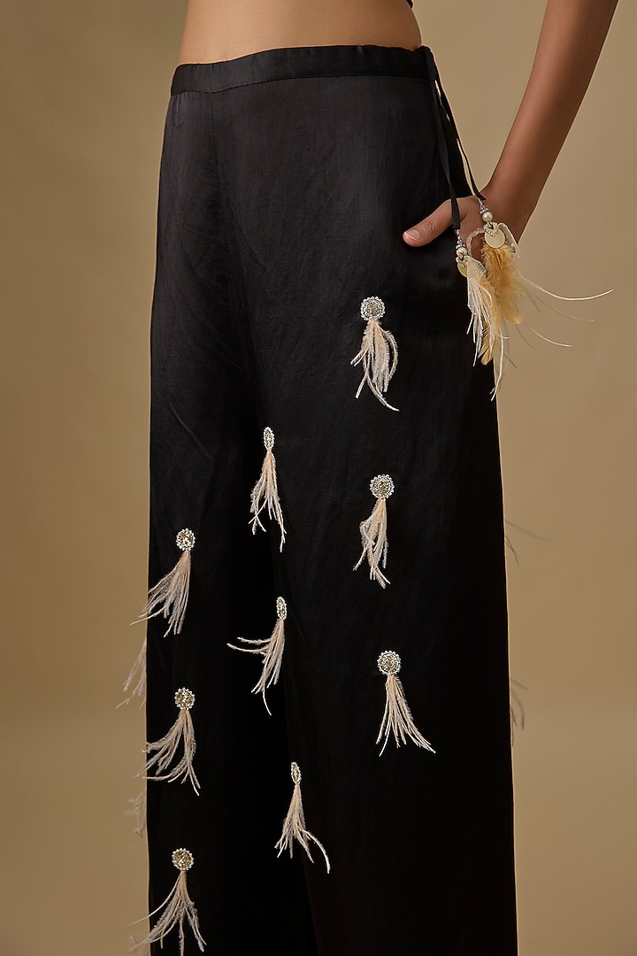 Black Blended Satin Trousers by Dilnaz Karbhary at Pernia's Pop Up Shop