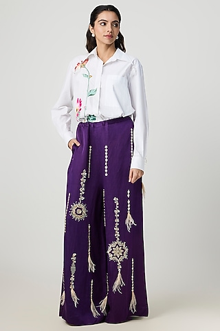 Purple Blended Linen Trousers by Dilnaz Karbhary