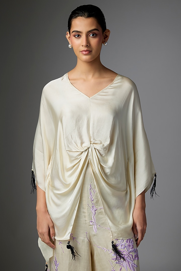 Champagne Grey Blended Satin Kaftan by Dilnaz Karbhary at Pernia's Pop Up Shop