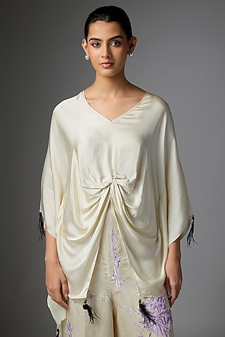 Champagne Grey Blended Satin Kaftan by Dilnaz Karbhary