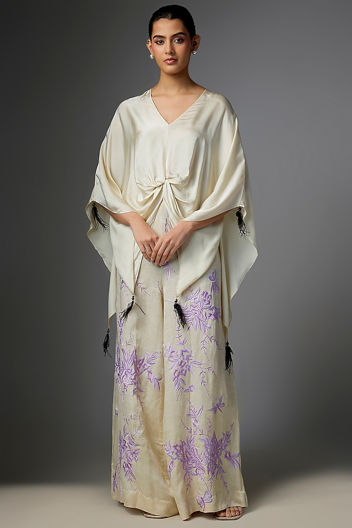Champagne Grey Blended Satin Kaftan by Dilnaz Karbhary at Pernia's Pop Up Shop