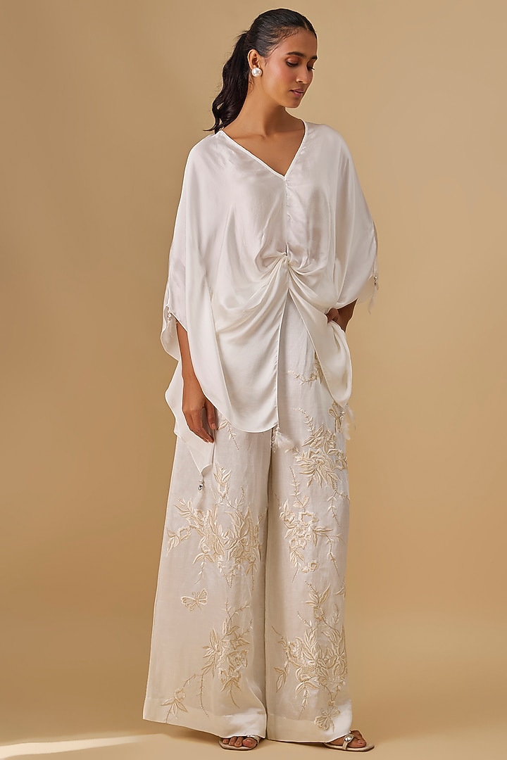 Ivory Blended Satin Kaftan by Dilnaz Karbhary at Pernia's Pop Up Shop