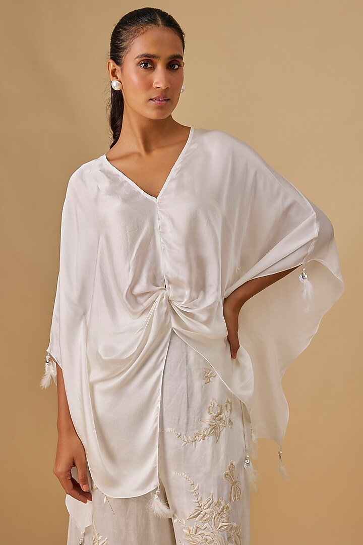 Ivory Blended Satin Kaftan by Dilnaz Karbhary at Pernia's Pop Up Shop