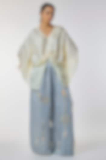 Blue Blended Linen Embroidered Trousers by Dilnaz Karbhary at Pernia's Pop Up Shop