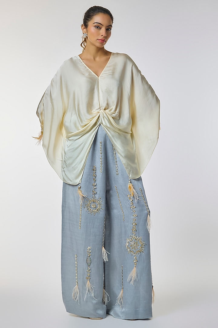 Blue Blended Linen Embroidered Trousers by Dilnaz Karbhary at Pernia's Pop Up Shop