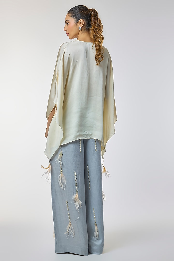 Blue Blended Linen Embroidered Trousers by Dilnaz Karbhary at Pernia's Pop Up Shop