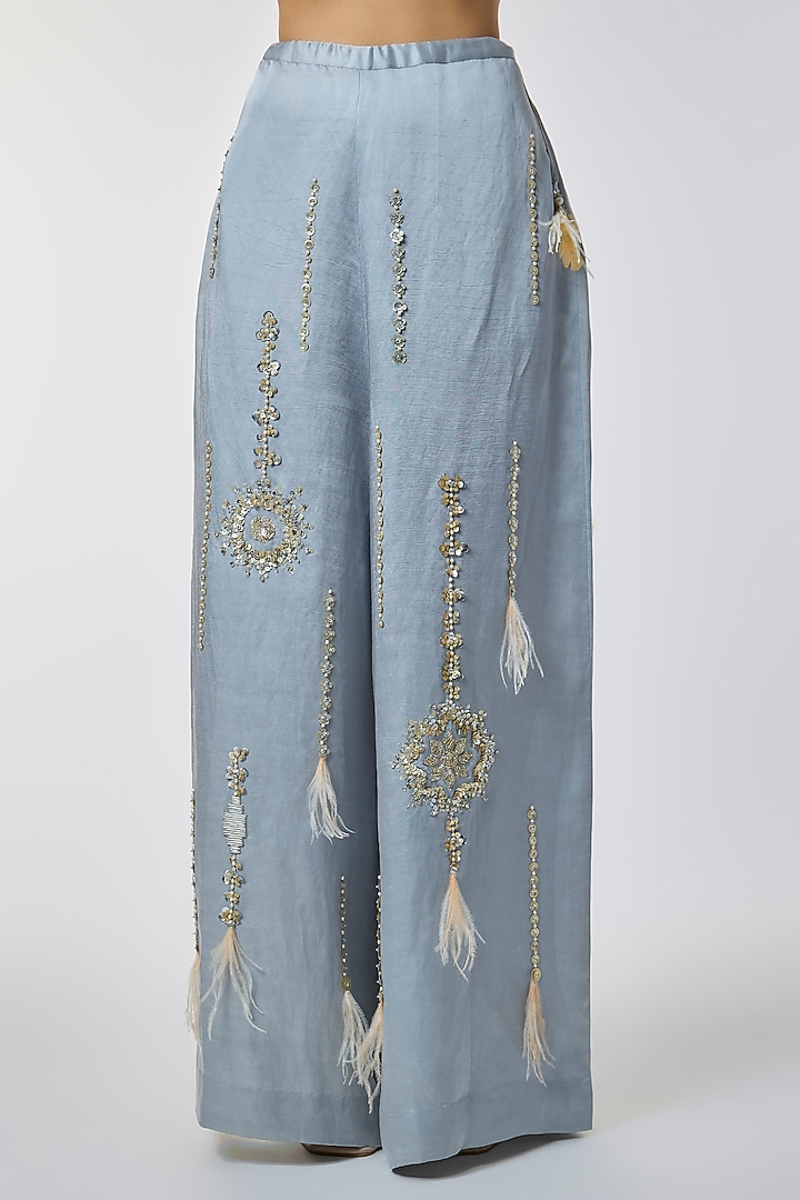 Blue Blended Linen Embroidered Trousers by Dilnaz Karbhary at Pernia's Pop Up Shop