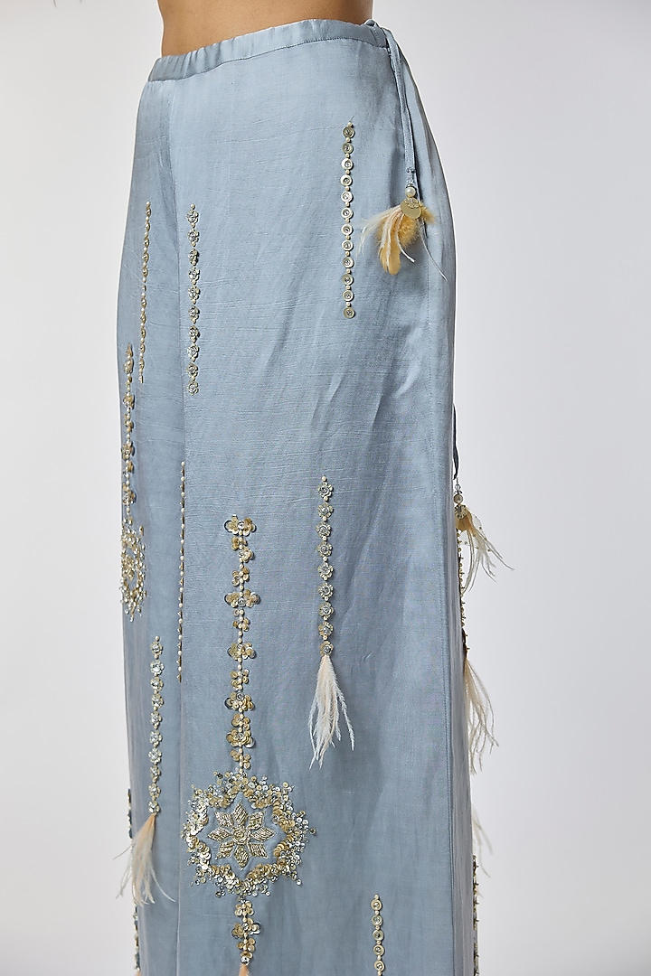 Blue Blended Linen Embroidered Trousers by Dilnaz Karbhary at Pernia's Pop Up Shop