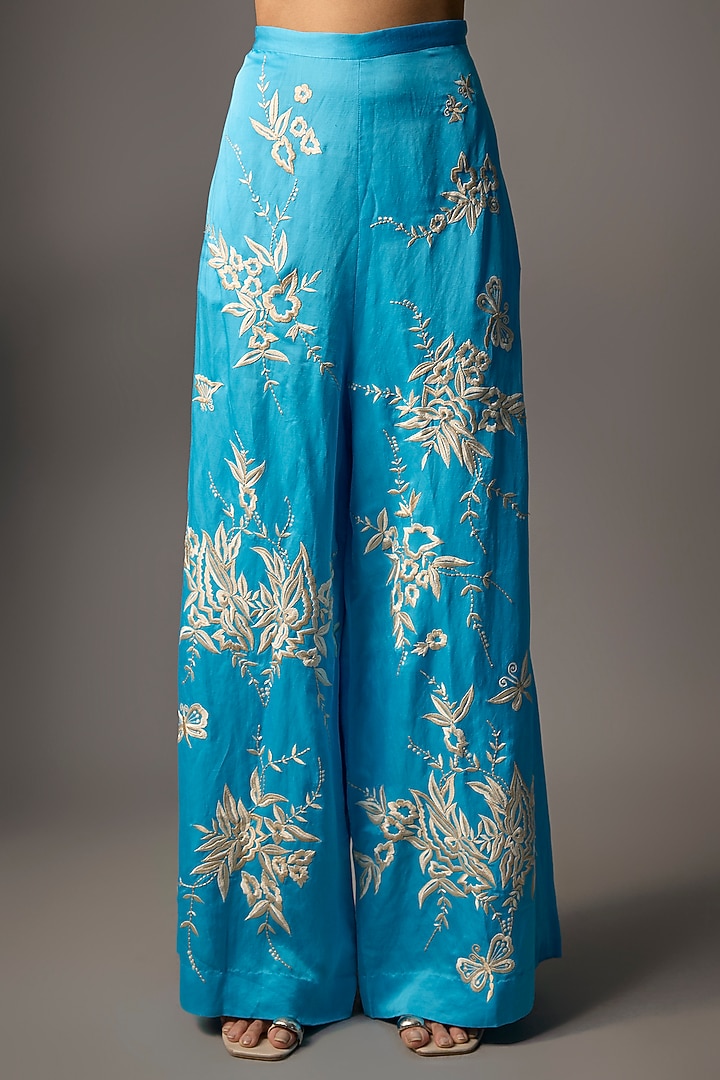 Pop Blue Blended Linen Trousers by Dilnaz Karbhary at Pernia's Pop Up Shop