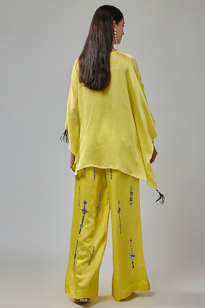Lemon Yellow Blended Satin Kaftan by Dilnaz Karbhary at Pernia's Pop Up Shop