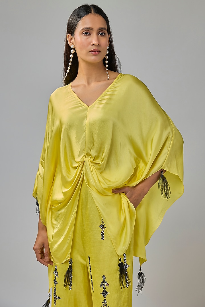 Lemon Yellow Blended Satin Kaftan by Dilnaz Karbhary at Pernia's Pop Up Shop