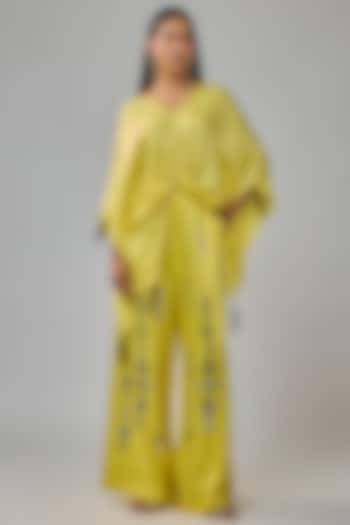 Lemon Yellow Blended Satin Mirror Embroidered Trousers by Dilnaz Karbhary at Pernia's Pop Up Shop
