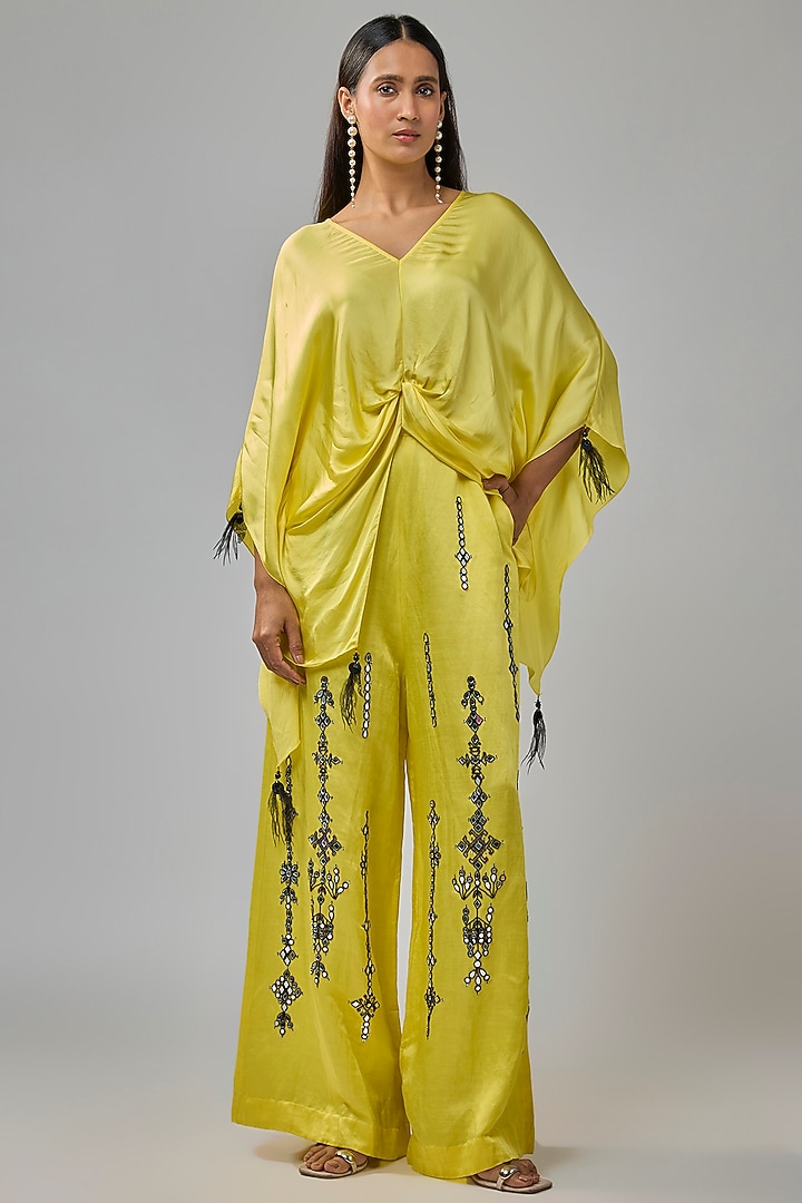 Lemon Yellow Blended Satin Mirror Embroidered Trousers by Dilnaz Karbhary at Pernia's Pop Up Shop