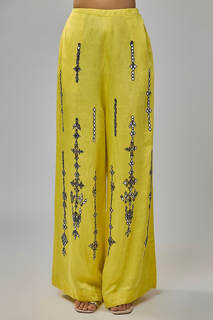 Lemon Yellow Blended Satin Mirror Embroidered Trousers by Dilnaz Karbhary at Pernia's Pop Up Shop