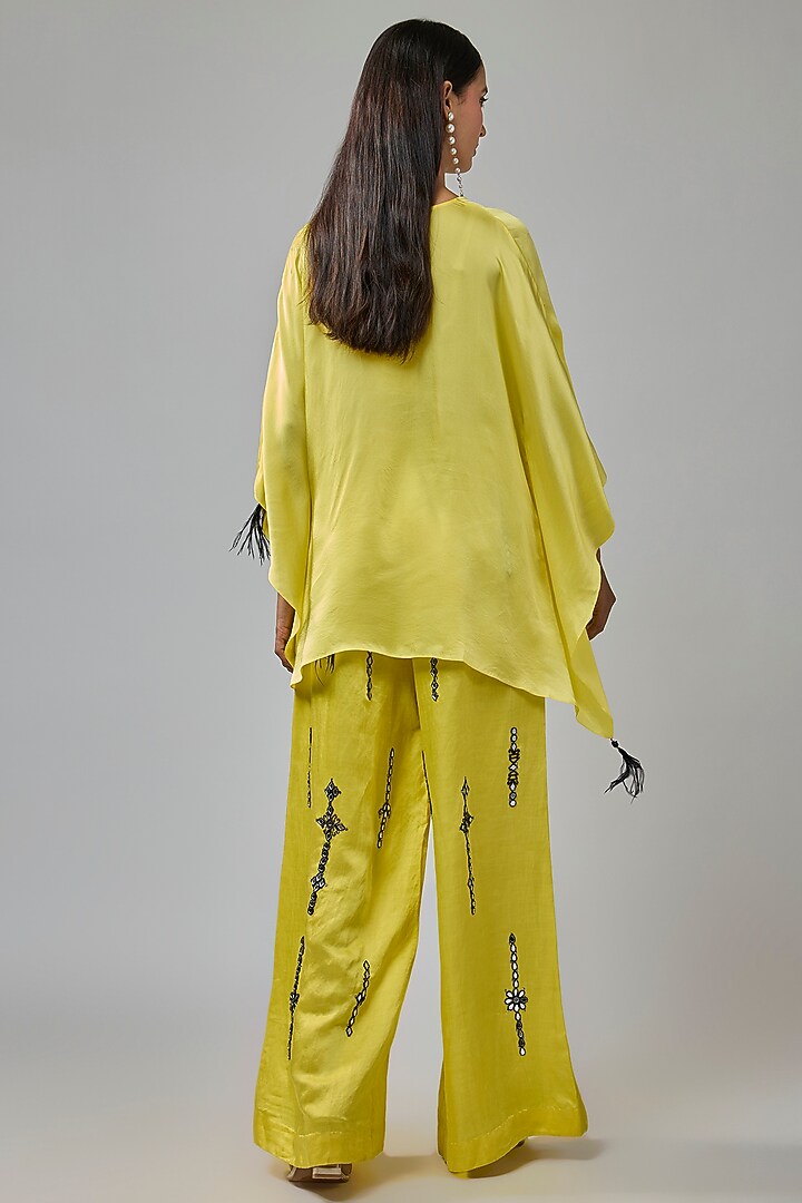 Lemon Yellow Blended Satin Mirror Embroidered Trousers by Dilnaz Karbhary at Pernia's Pop Up Shop