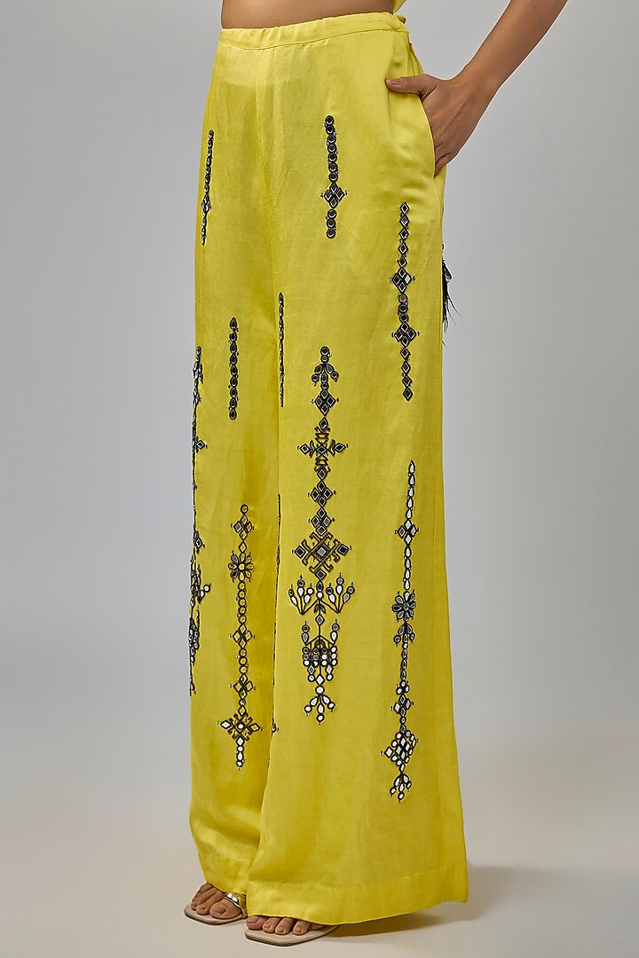 Lemon Yellow Blended Satin Mirror Embroidered Trousers by Dilnaz Karbhary at Pernia's Pop Up Shop