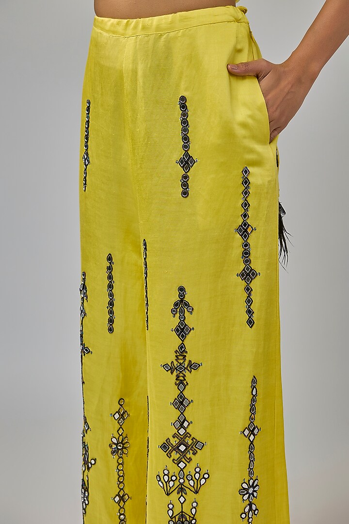Lemon Yellow Blended Satin Mirror Embroidered Trousers by Dilnaz Karbhary at Pernia's Pop Up Shop