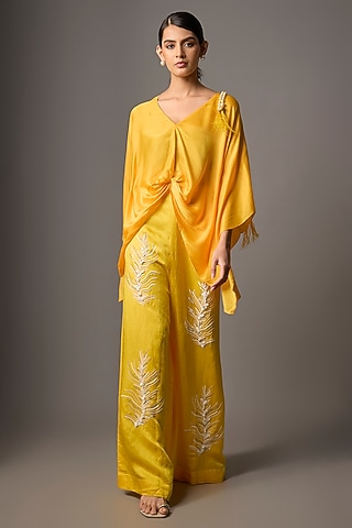 Mango Yellow Blended Linen Trousers by Dilnaz Karbhary