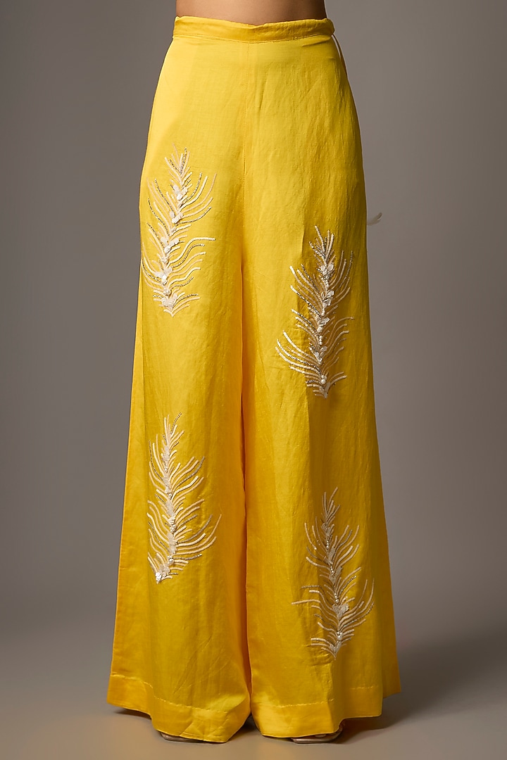 Mango Yellow Blended Linen Trousers by Dilnaz Karbhary at Pernia's Pop Up Shop
