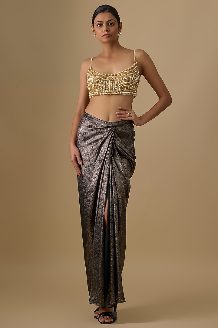 Gold Poly Satin & Net Embroidered Bustier by Dilnaz Karbhary at Pernia's Pop Up Shop