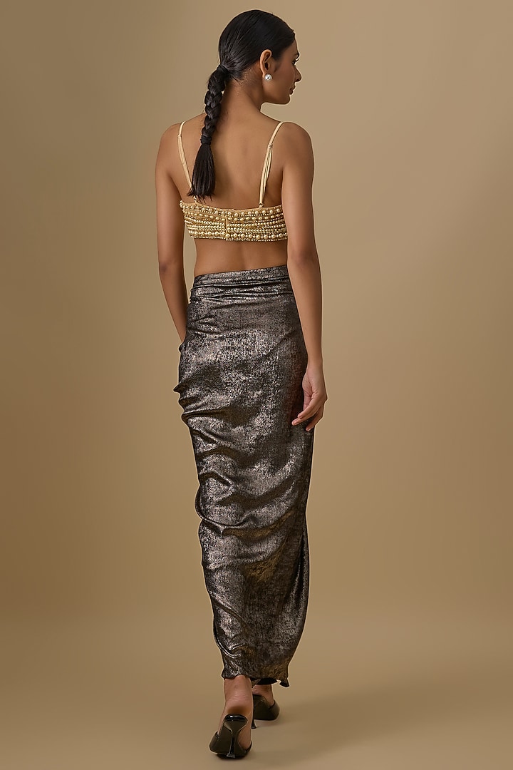 Gold Poly Satin & Net Embroidered Bustier by Dilnaz Karbhary at Pernia's Pop Up Shop