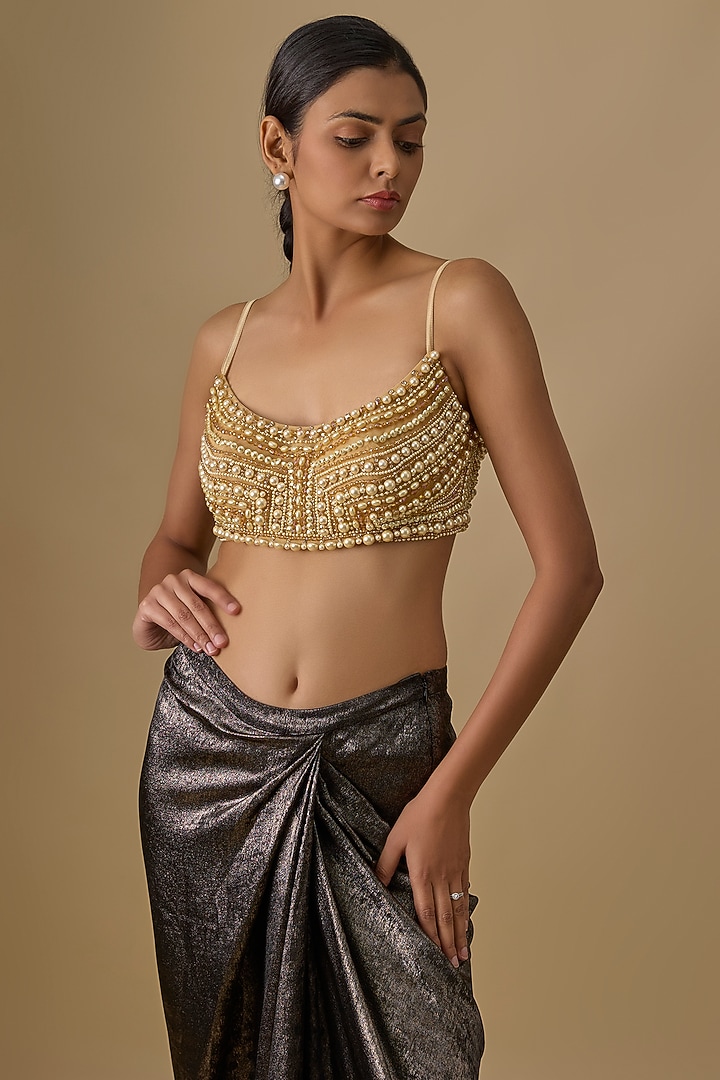 Gold Poly Satin & Net Embroidered Bustier by Dilnaz Karbhary at Pernia's Pop Up Shop