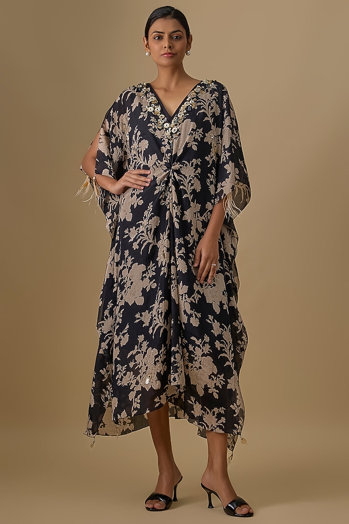 Black Georgette Printed & Embroidered Kaftan by Dilnaz Karbhary at Pernia's Pop Up Shop