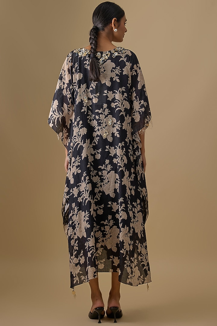 Black Georgette Printed & Embroidered Kaftan by Dilnaz Karbhary at Pernia's Pop Up Shop