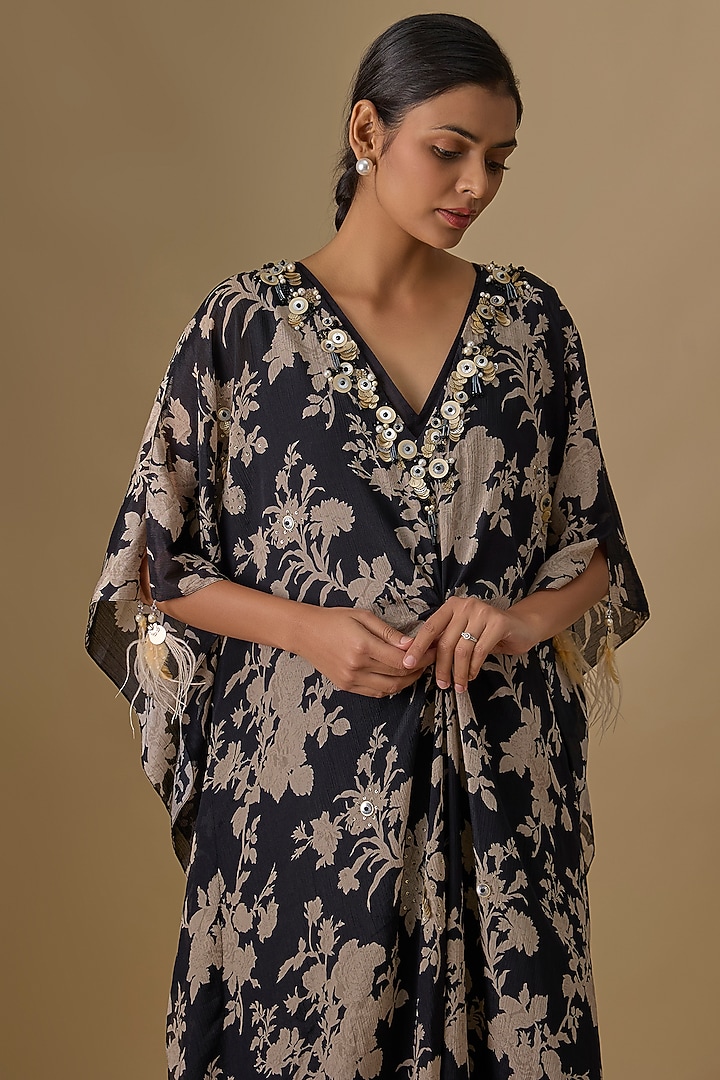 Black Georgette Printed & Embroidered Kaftan by Dilnaz Karbhary at Pernia's Pop Up Shop