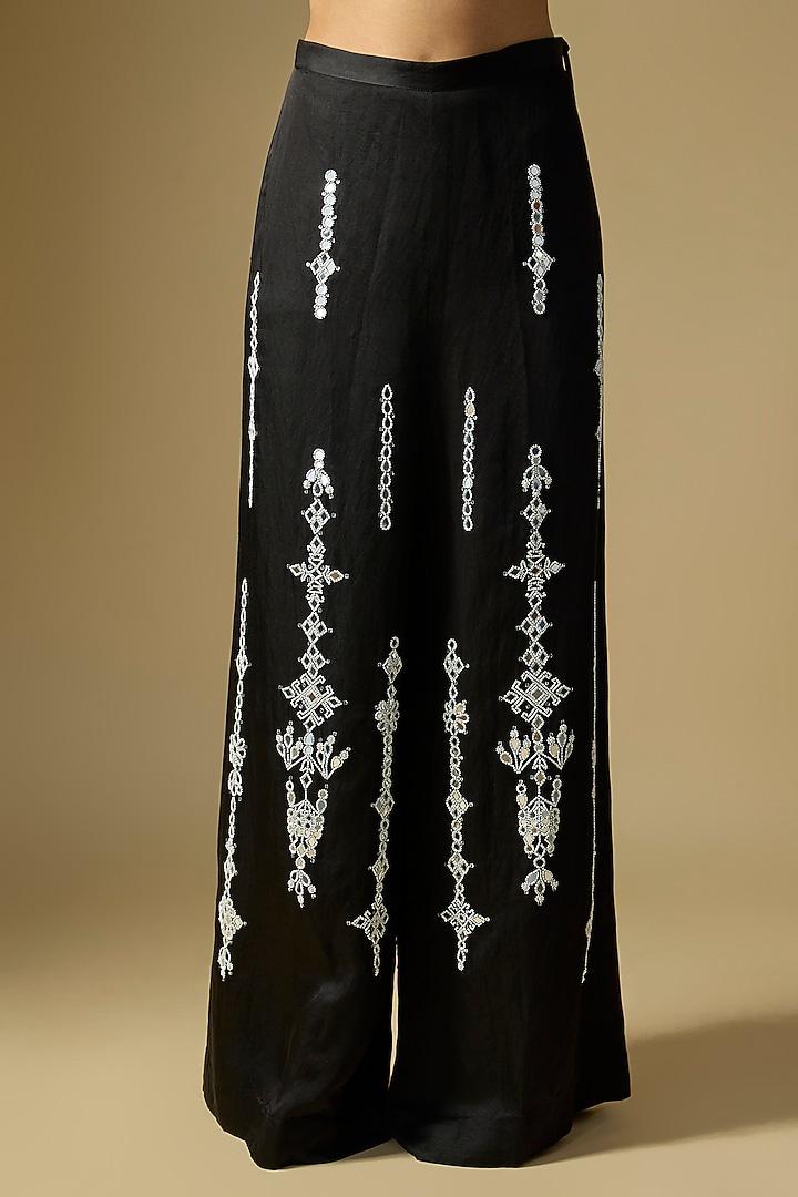 Black Blended Linen Cutdana Work Trousers by Dilnaz Karbhary at Pernia's Pop Up Shop