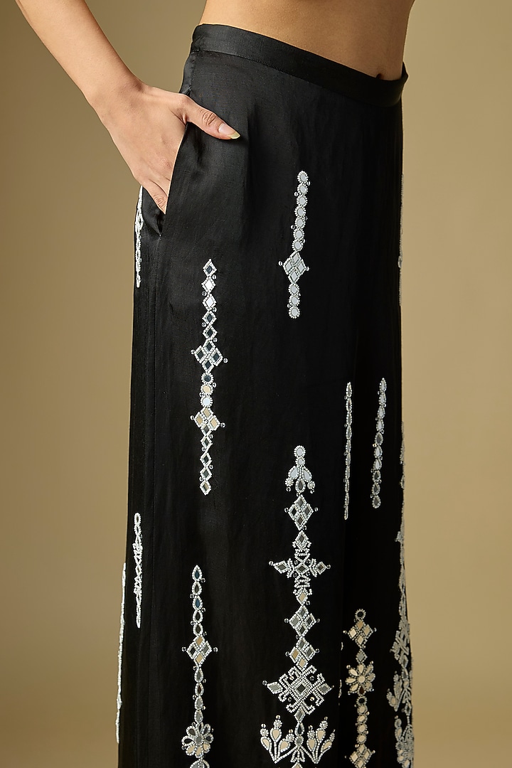 Black Blended Linen Cutdana Work Trousers by Dilnaz Karbhary at Pernia's Pop Up Shop