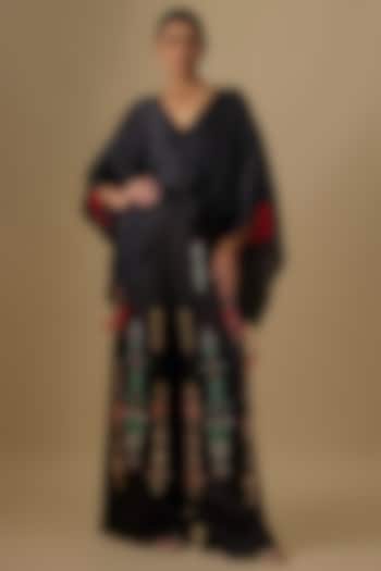 Black Blended Linen Embroidered Trousers by Dilnaz Karbhary at Pernia's Pop Up Shop