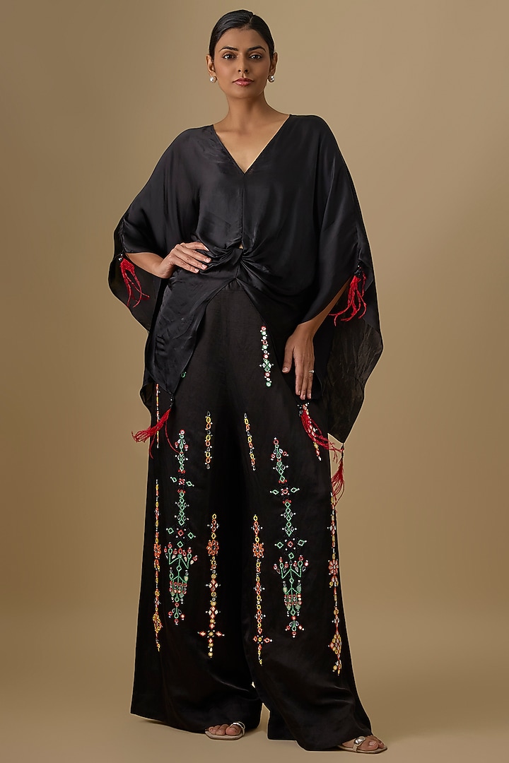 Black Blended Linen Embroidered Trousers by Dilnaz Karbhary at Pernia's Pop Up Shop