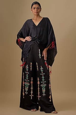 Black Blended Linen Embroidered Trousers by Dilnaz Karbhary