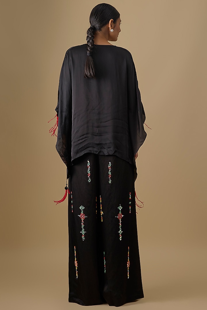 Black Blended Linen Embroidered Trousers by Dilnaz Karbhary at Pernia's Pop Up Shop