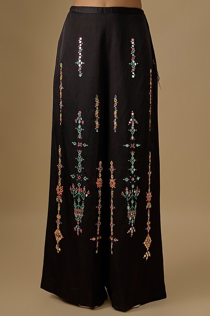 Black Blended Linen Embroidered Trousers by Dilnaz Karbhary at Pernia's Pop Up Shop