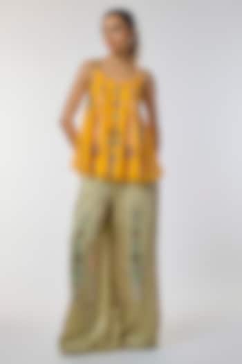 Sage Blended Linen Mirror Work Trousers by Dilnaz Karbhary at Pernia's Pop Up Shop