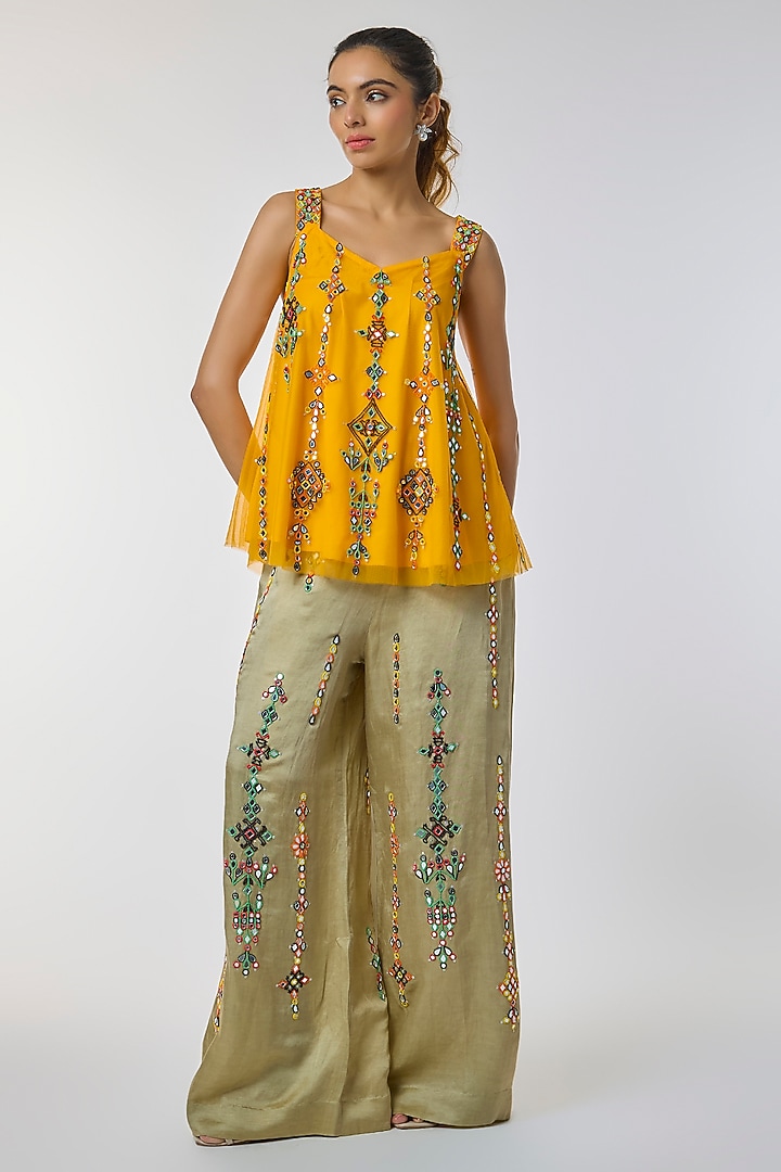 Sage Blended Linen Mirror Work Trousers by Dilnaz Karbhary at Pernia's Pop Up Shop